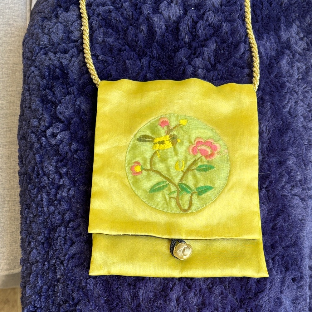 Floral Embroidered Yellow Silk Bag
